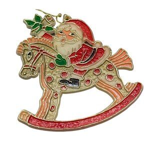 Vintage Gold Santa Plastic Rocking Horse Christmas tree Ornament bell dots READ